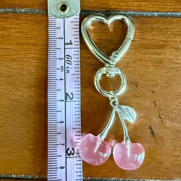 NEW Silver Pink Cherries and Heart Keychain Bag Charm - Picture 4 of 5